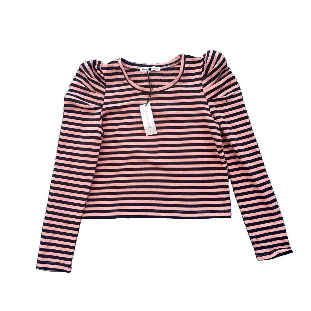 Rebecca Minkoff Cropped Talia Striped Sweatshirt Pink Navy Puff Sleeve XS